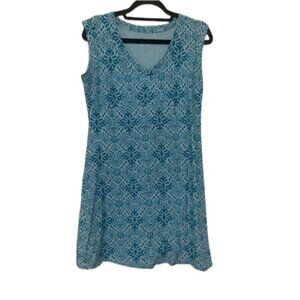 Columbia EUC sleeveless V neck turquoise printed casual mini dress size M